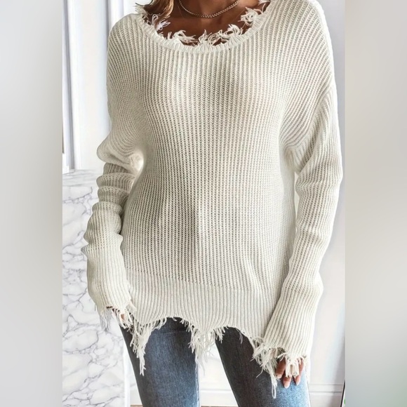 New Women’s Raw Trim, Solid Color Long Sleeve Drop Shoulder Distressed Sweater - Picture 4 of 4